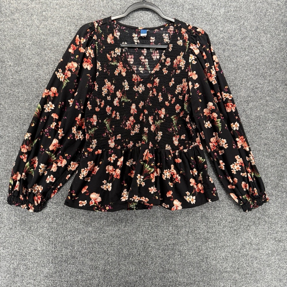 Old Navy Blouse Top Womens L Black Floral V-Neck Peplum Peasant Cottagecore Boho